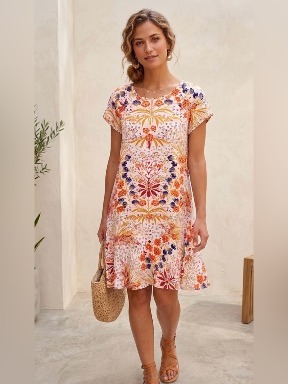 Chelsea & Theodore Floral Mirror Print shift Dress‎ Short Sleeve Size S